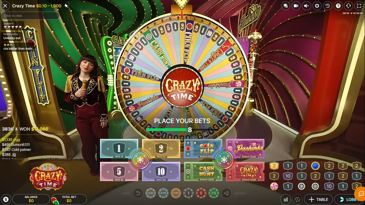 Crazy Time live casino game show not on GamStop featuring the main wheel and bonus segments.