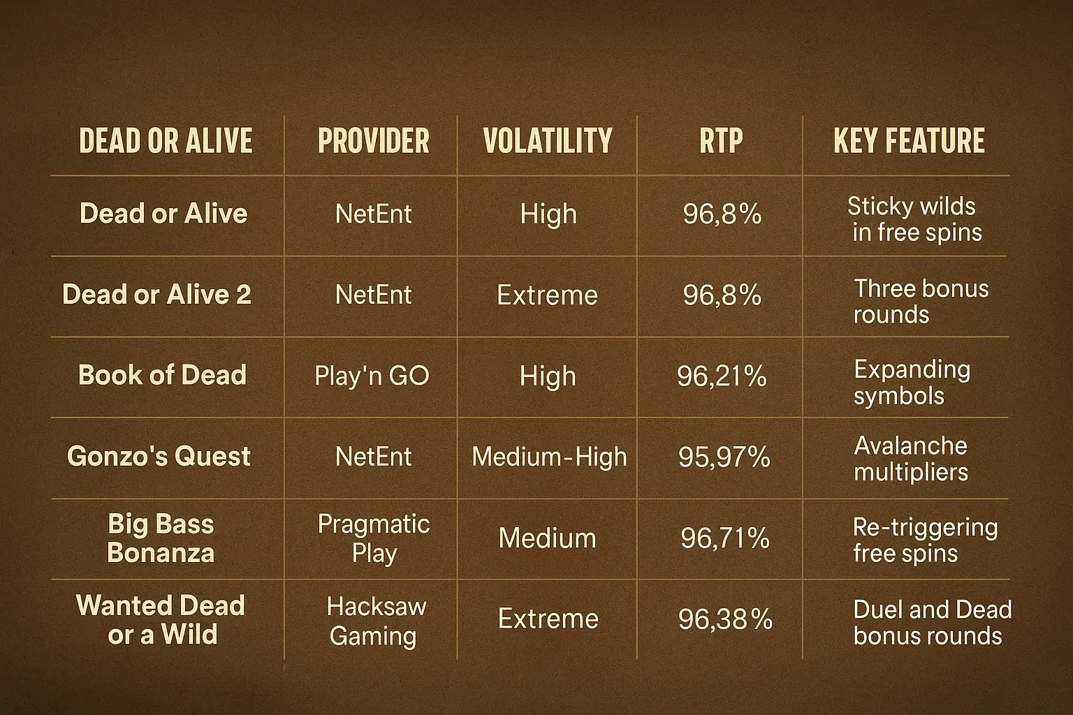 Comparison table of slots