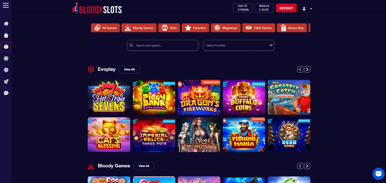 Game selection of Bloodyslots