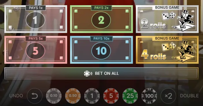 Monopoly Live betting options screen showing numbers and bonus segments at a non GamStop live casino game show