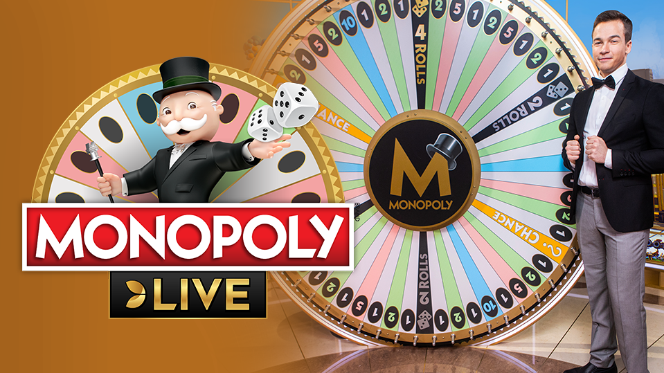 Monopoly Live game show studio banner at a casino not on GamStop with live host and spinning money wheel