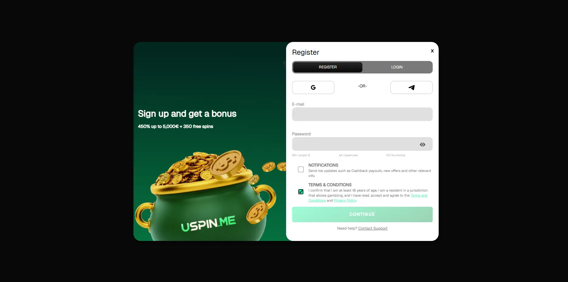 Sign up form of Uspin Casino