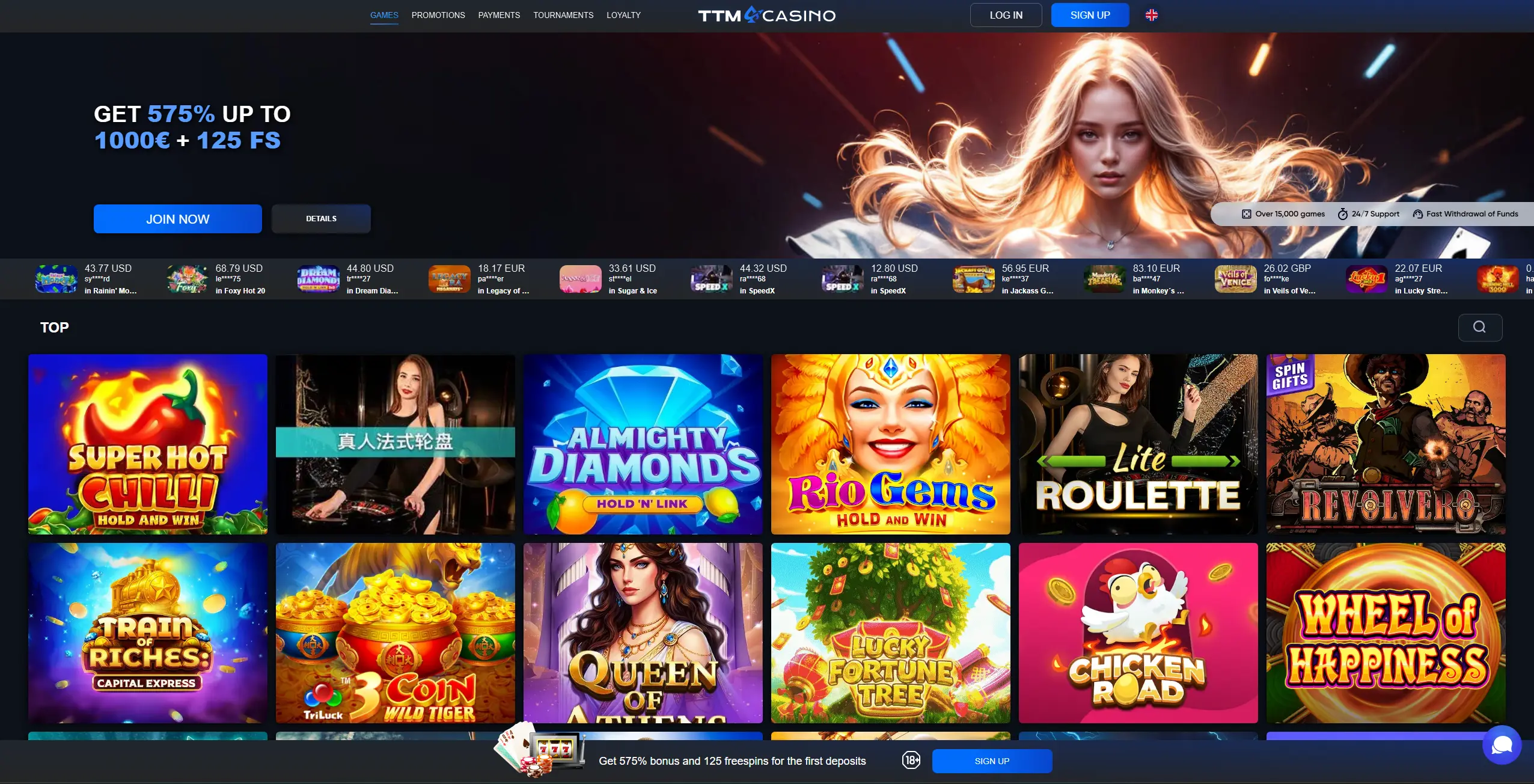 Homepage of TTM Casino, newest non gamstop casino in UK
