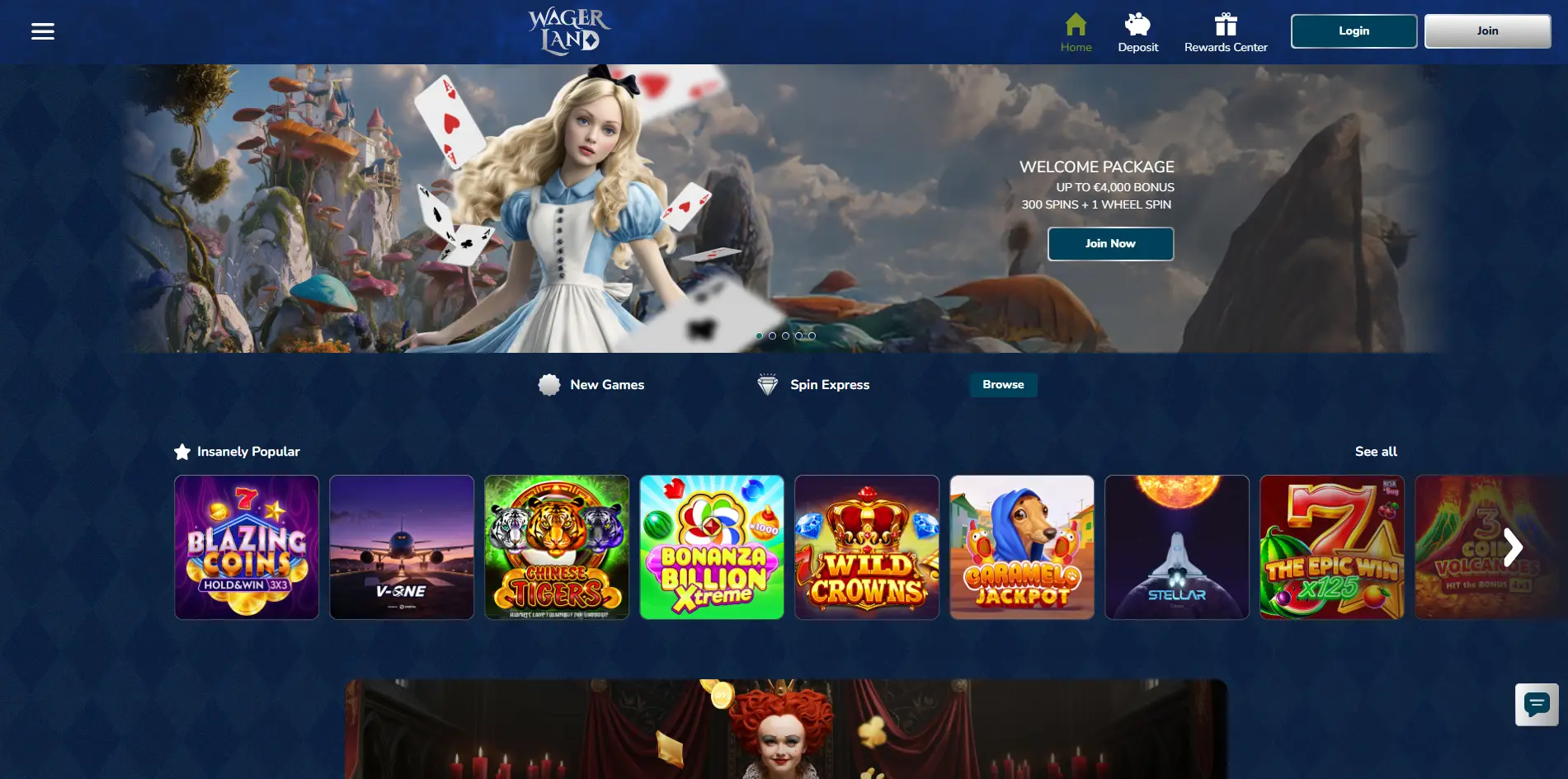 Home page of Wagerland Casino